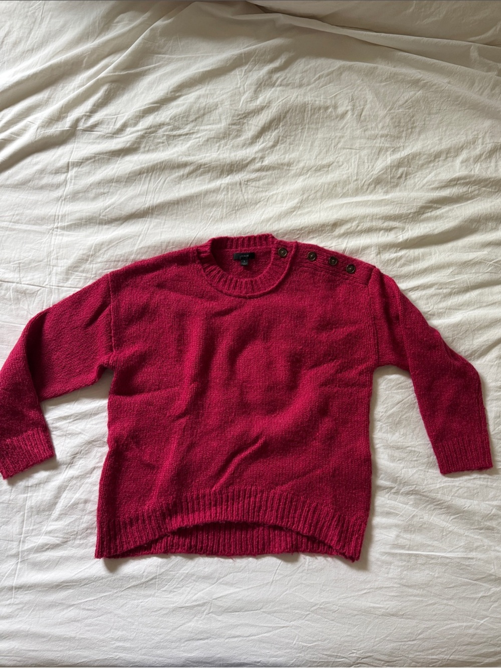 J. Crew Button-Shoulder Crewneck Sweater in Raspberry Red